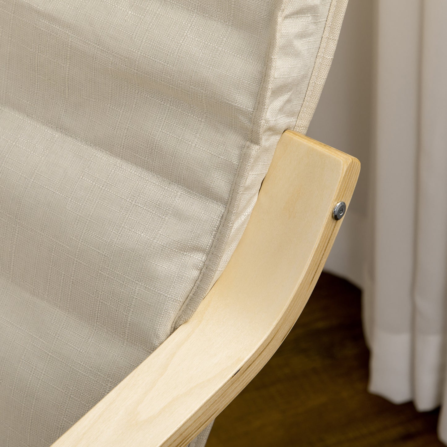 Wooden Armchair, Upholstered Linen Lounge Chair with Adjustable Footrest & Removable Cushion, Poang Chair for Living Room
