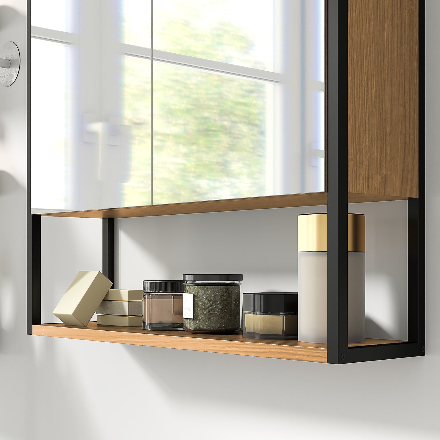 Bathroom Mirror Cabinet with Soft-Close Doors and Adjustable Shelf - Natural Wood Finish