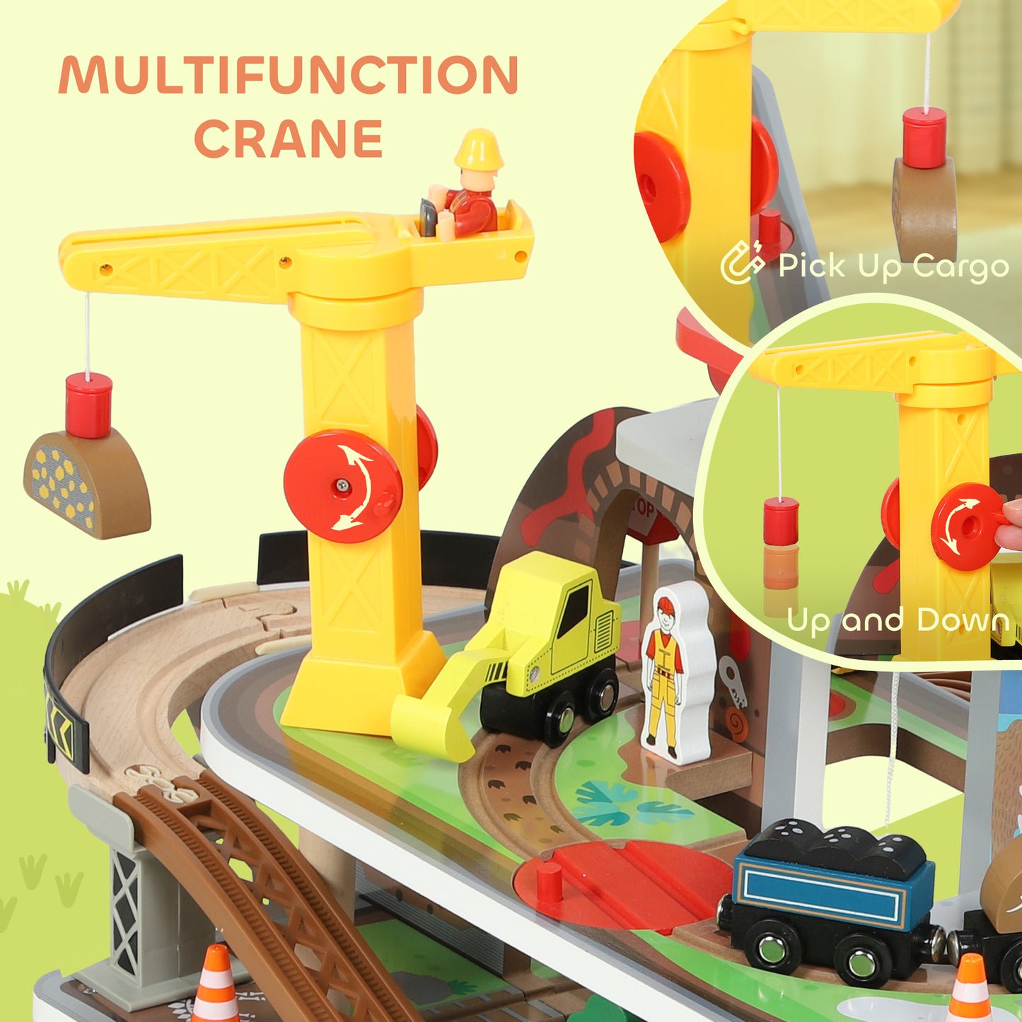 79 Piece Wooden Train Set, Kids Train Track Mine Themed with Crane, Helicopter