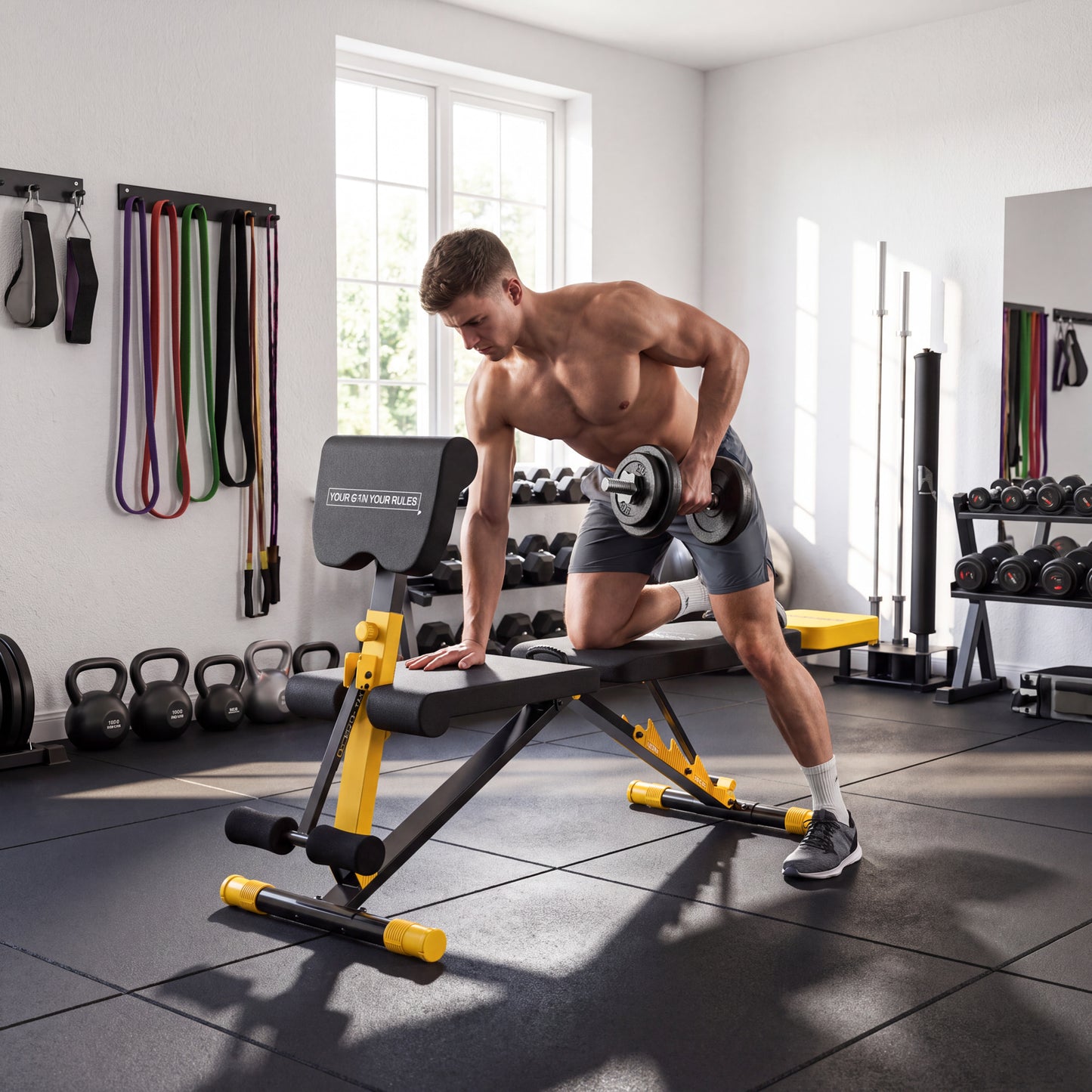 Adjustable Weight Bench for Home Gym, 300kg Incline Decline Flat Foldable Bench Press with 7 Backrest Positions, Yellow