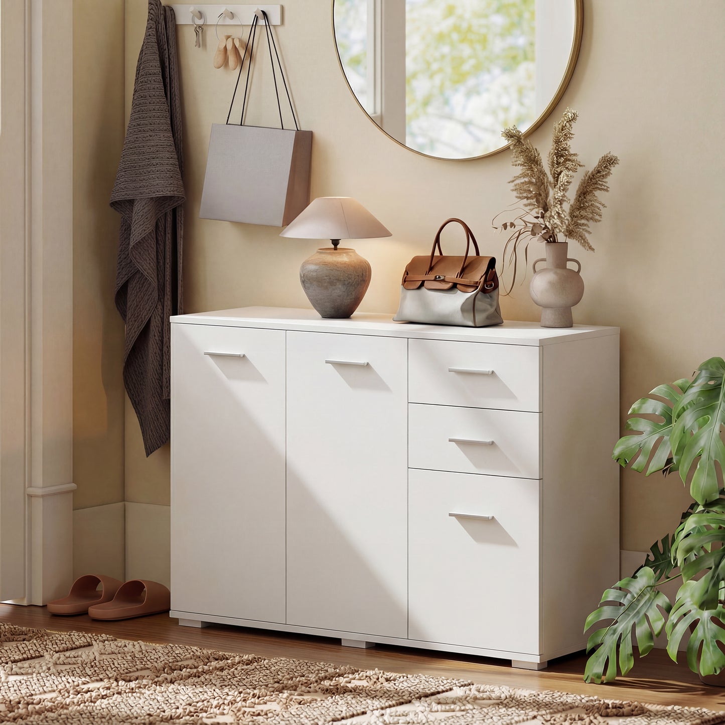 Sideboard, Modern Storage Cabinet with 2 Drawers, 3 Doors and Adjustable Shelves, White
