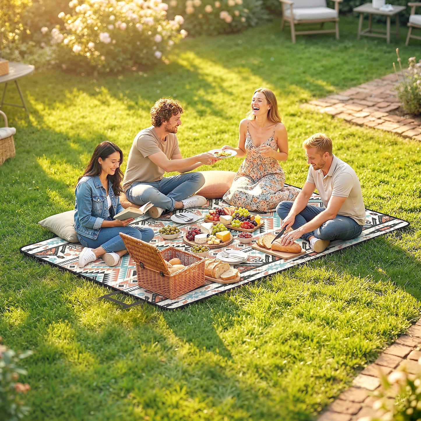 Picnic Blanket, 300x200CM Large Beach Blanket Outdoor Picnic Mat with Integrated Strap for Camping, Mix-Colour