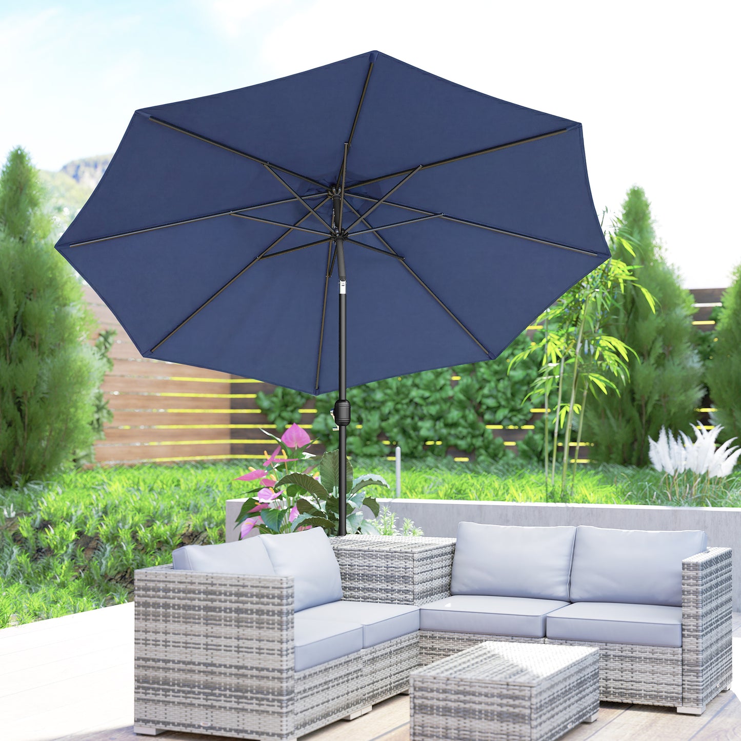 3 m Garden Parasol Umbrellas, Outdoor Sun Shade with 8 Ribs, Tilt and Crank Handle, Navy Blue