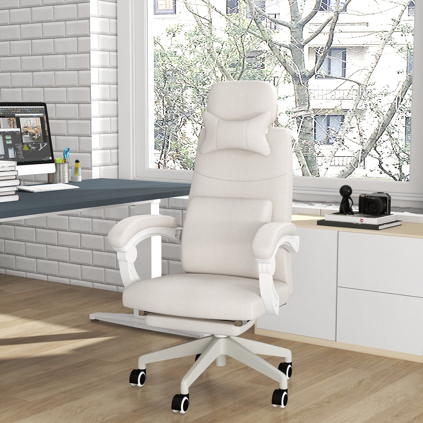 Linen-Look Office Chair, with 160° Reclining Back and Footrest - White