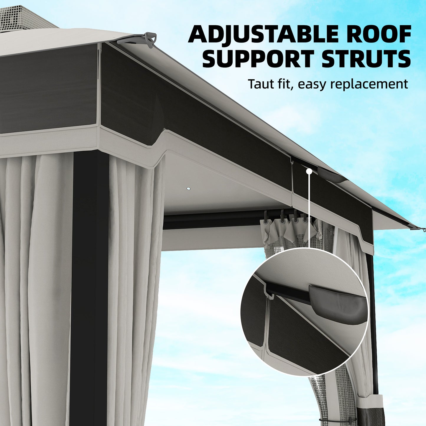 3 x 3.6 m Outdoor Garden Gazebo with Netting and Curtains, Double Roof Patio Gazebo Permanent Pavilion, Light Grey