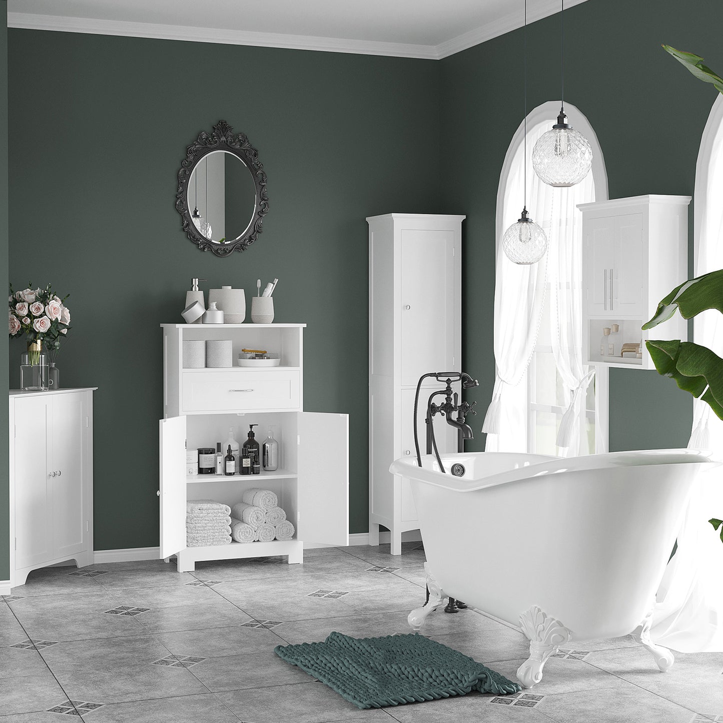 Tall Bathroom Storage Unit, Slim Bathroom Cabinet with Adjustable Shelves and Double Door, White