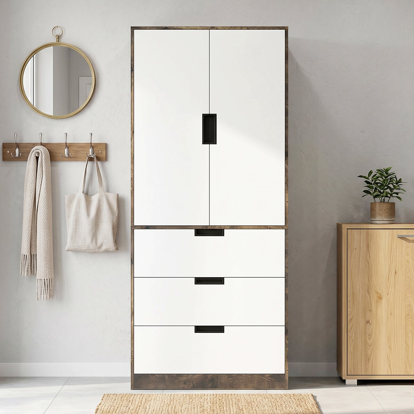 Modern Clothes Storage Cupboard Unit, 3 Drawer 2 Door Wardrobe with Hanging Rod, Rustic Brown
