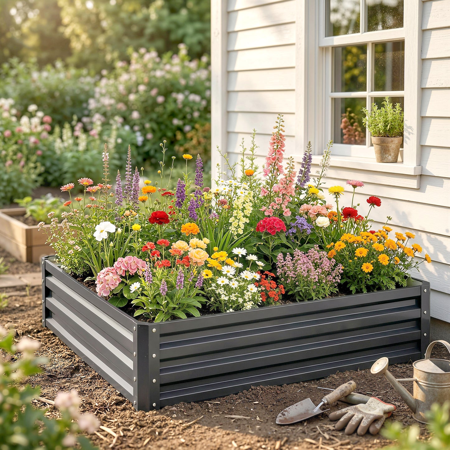 432L Square Raised Garden Bed Box Steel Frame for Vegetables, Flowers and Herbs, 120 x 120 x 30cm, Light Grey