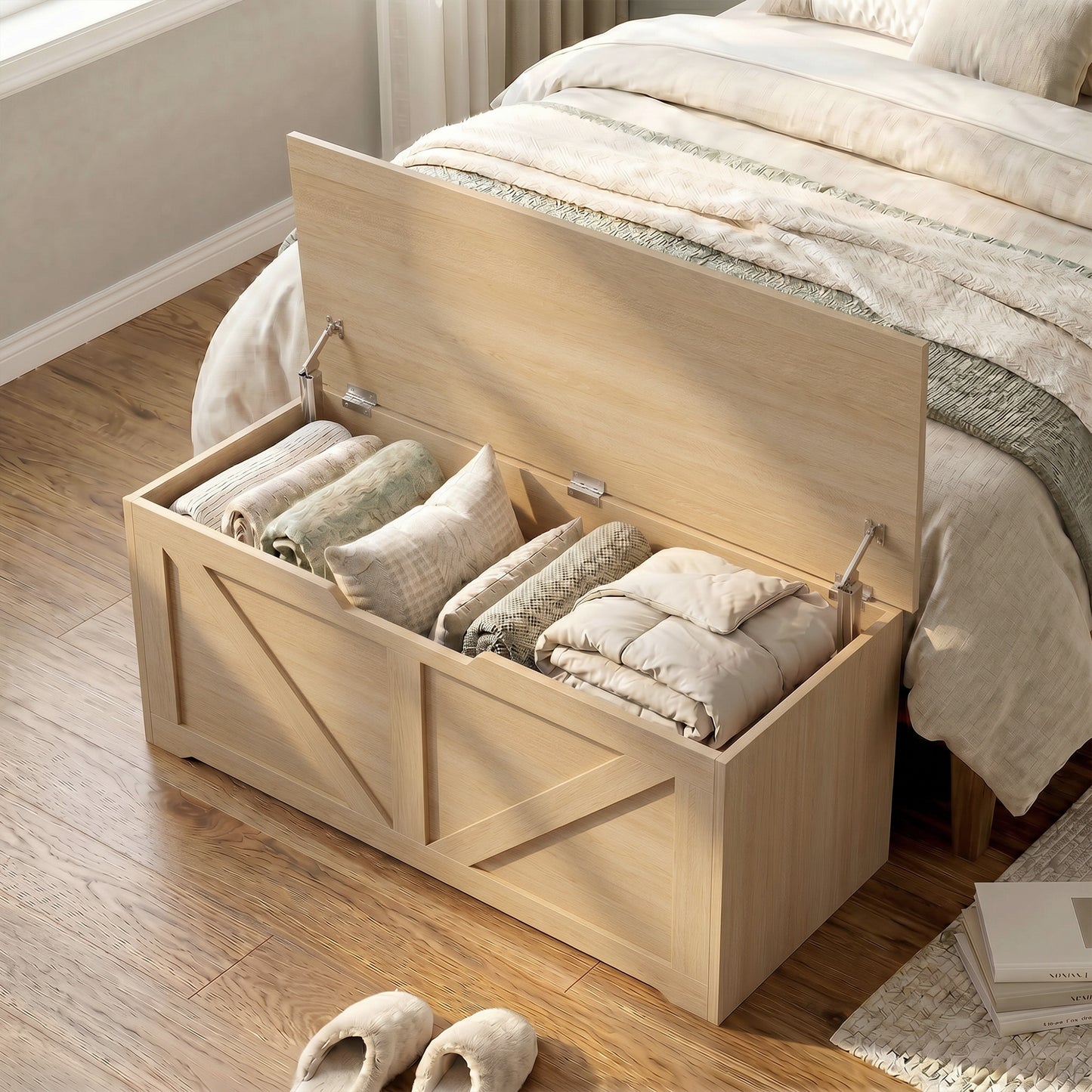 127L Home Storage Box, with Safety Hinges - Nature Wood Finish