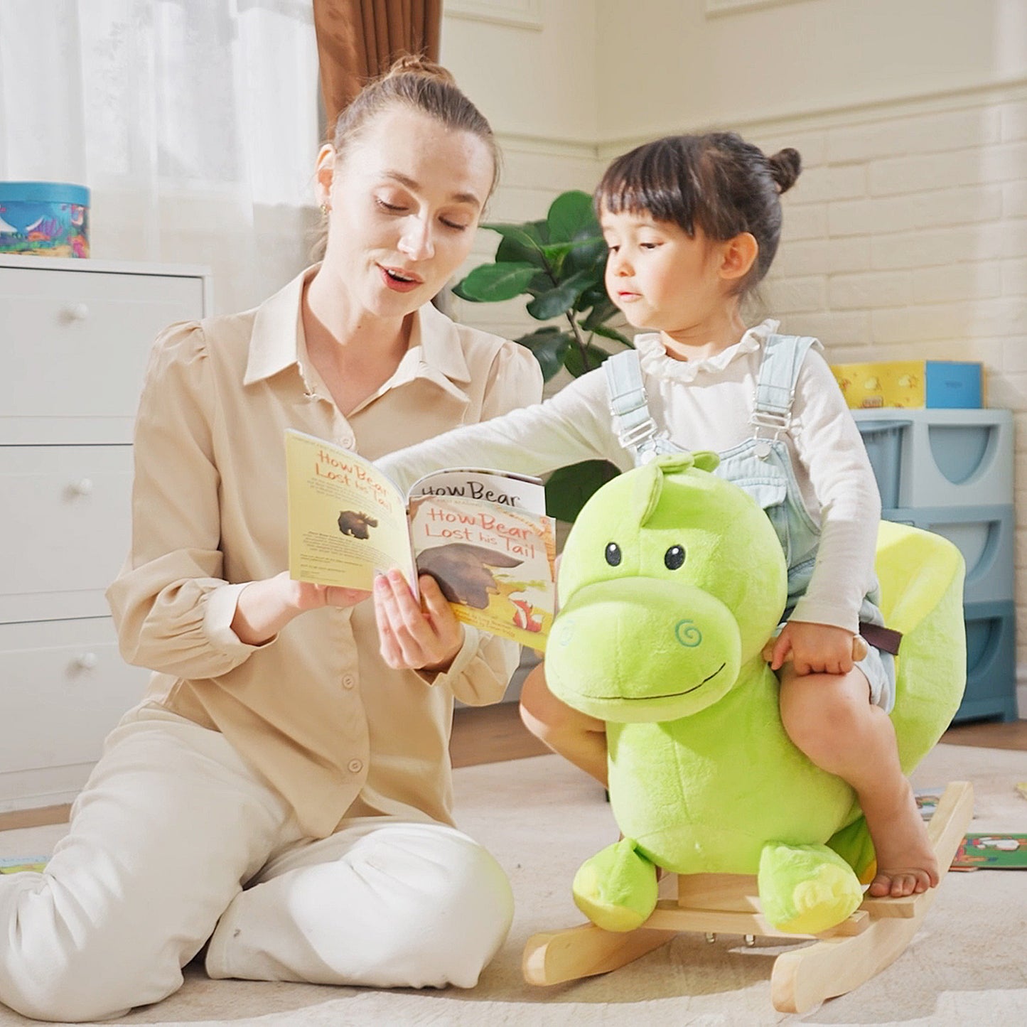 Kids Rocking Horse, Plush Ride-On Dinosaur Seat, with Seat Seat Belt, 32 Songs, Ride-On Horse