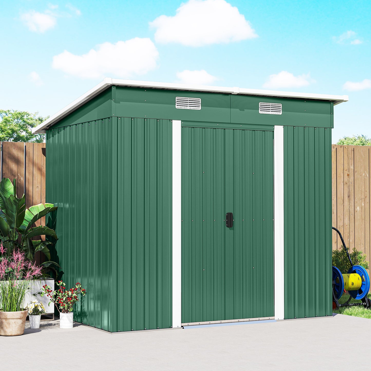 7 x 4ft Outdoor Storage Shed with Foundation Kit, Lean to Metal Garden Shed for Log, Rubbish Bin, Tool, Bike, Green