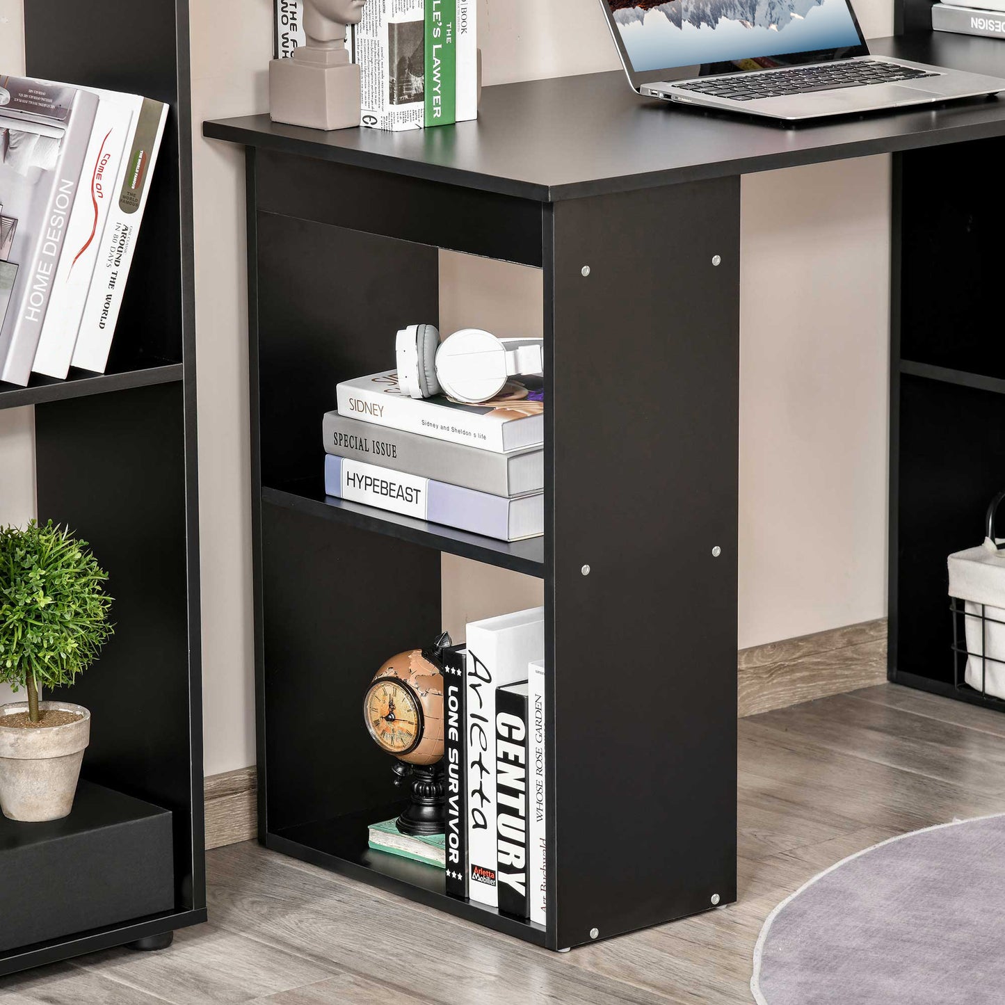 120cm Computer Desk, Wooden PC Laptop Table with 6-Tier Storage Bookshelves, Home Office Working Study Desk