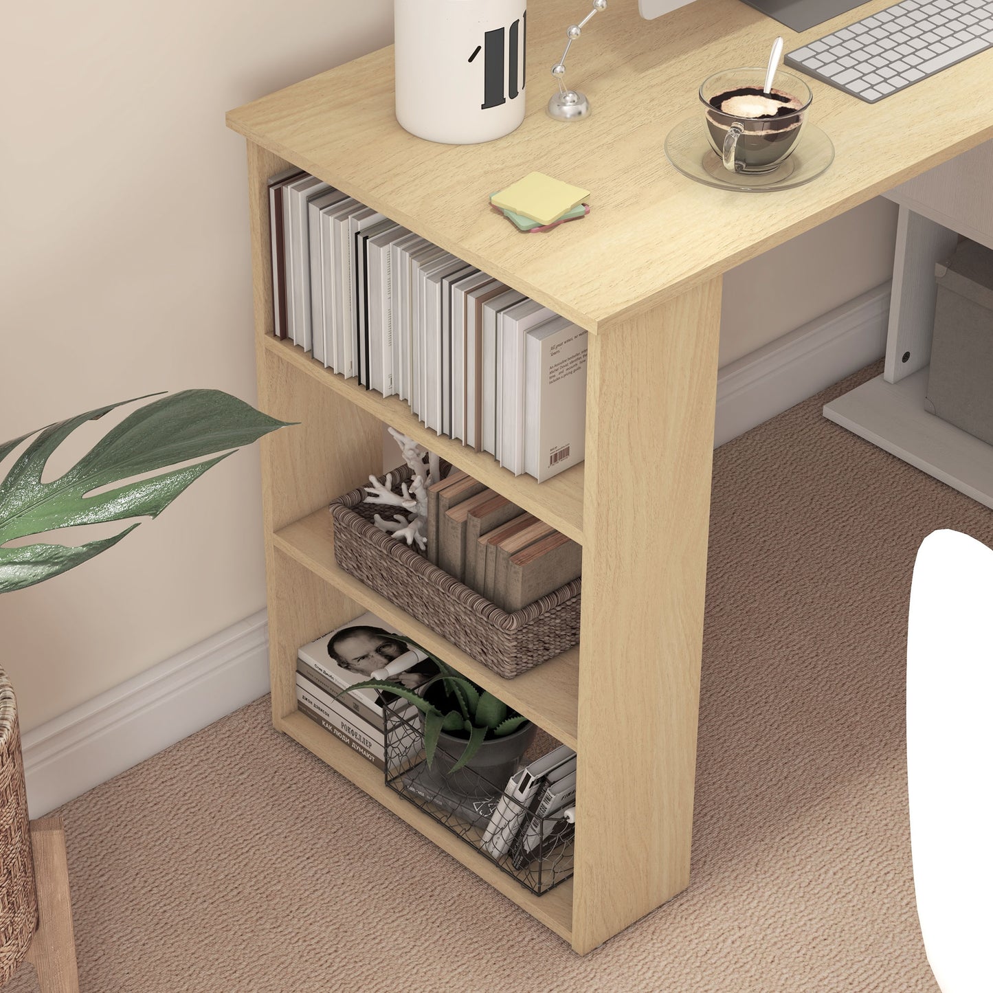 Corner Computer Desk, L Shaped Desk with 360° Rotating Bookshelf, 120L x 110W x 74.5H cm, Natural and White