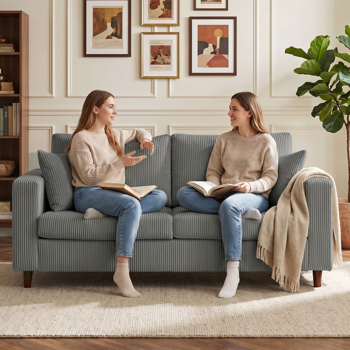 Loveseat Sofa with Wide Seat, Corduroy 2 Seater Couch with Deep Seat, Spring Cushion, Light Grey