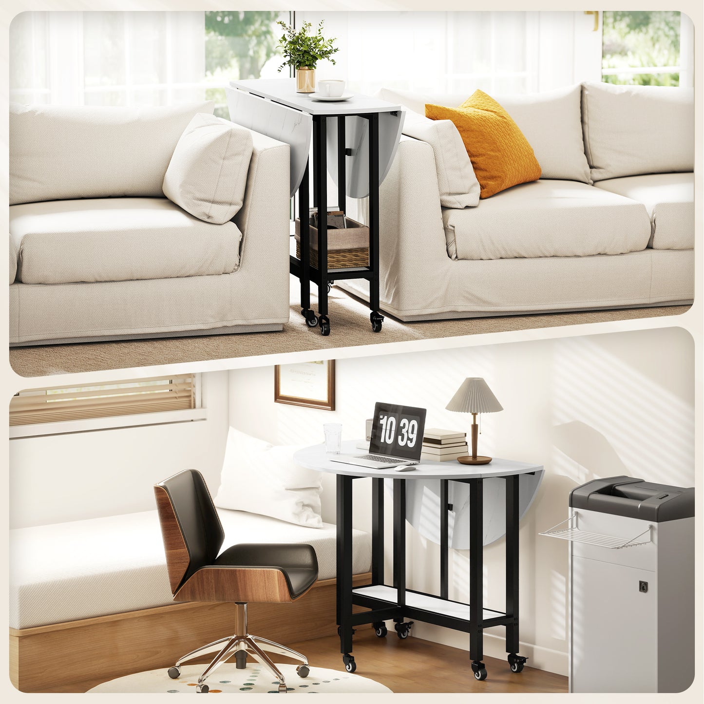 Folding Dining Table, Drop Leaf Table with Open Shelf, Rolling Kitchen Table for Dining Room, Small Spaces, White Marble