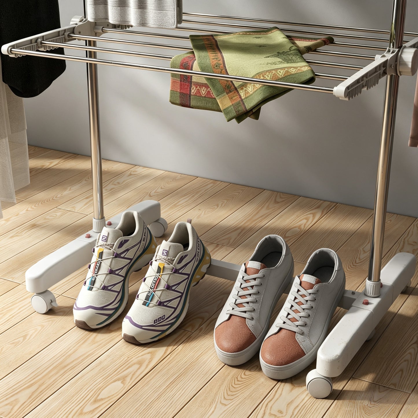 3-Tier Clothes Airer, Stainless Steel Foldable Clothes Drying Rack with Wheels and Wings, Indoor and Outdoor, Easy Assembly