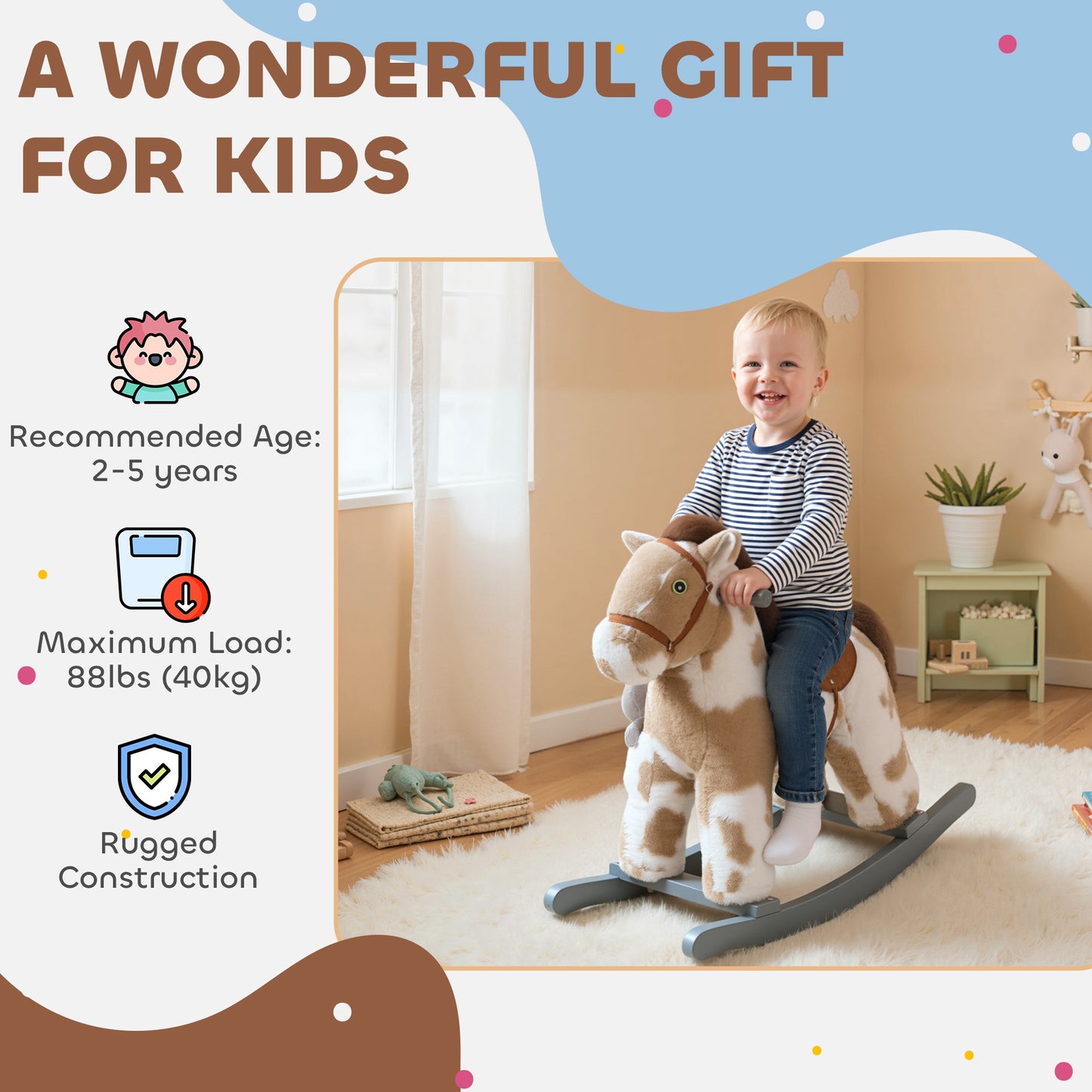 Baby Rocking Horse, Plush Animal Rocker with Realistic Sound and Toy, Rocking Toy Chair for Kids Aged 2-5, Brown