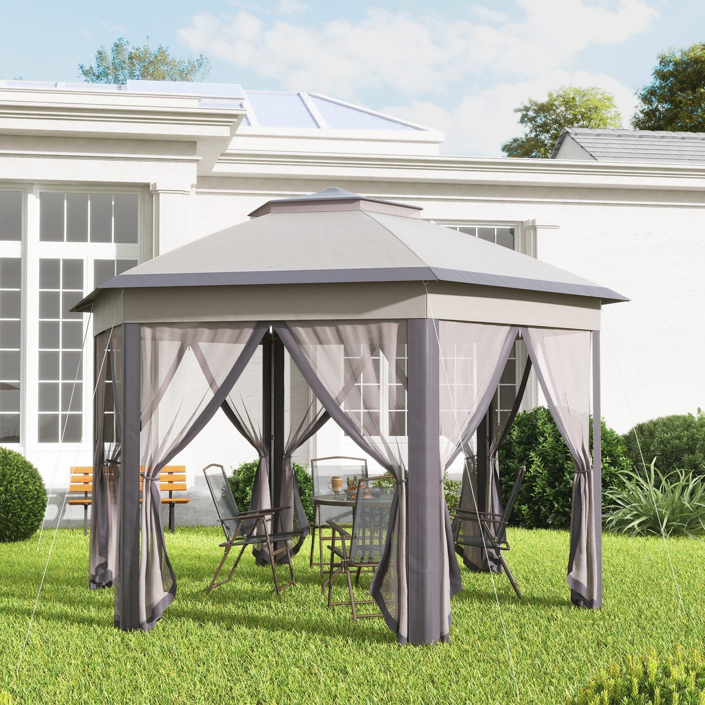 3 x 4m Garden Gazebo Hexagon Pop Up Gazebo Party Tent Canopy Double Roof Instant Shelter with Netting and Carry Bag for Outdo