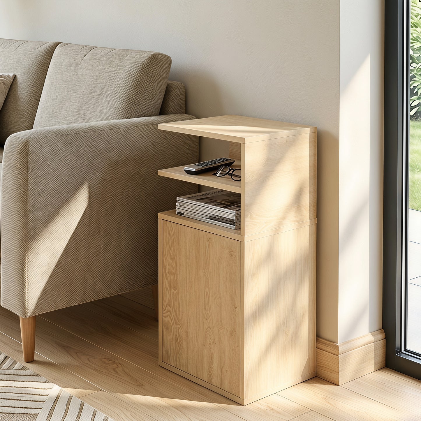 Slim Bedside Table Set of 2, Narrow Bedside Cabinet with Open Cubbies and Cupboard for Bedroom Living Room, Oak