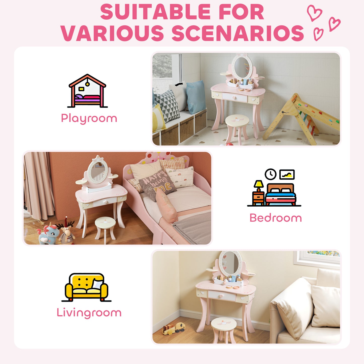 Kids Dressing Table, Girls Vanity Set with Mirror and Stool, 7 Play Accessories, Drawer, Desktop Storage, Pink