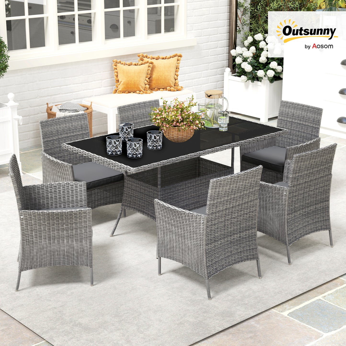 7-Piece Rattan Garden Furniture Set with Cushions, 6 Seater Garden Table and Chairs, Rattan Dining Set with 6 Armchairs