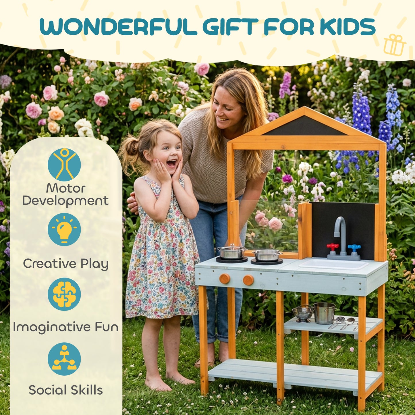 Mud Kitchen for Kids, Outdoor Wooden Play Kitchen with Sink, Stove, Cookware, Shelves, Pretend Play Toy for Ages 3-8