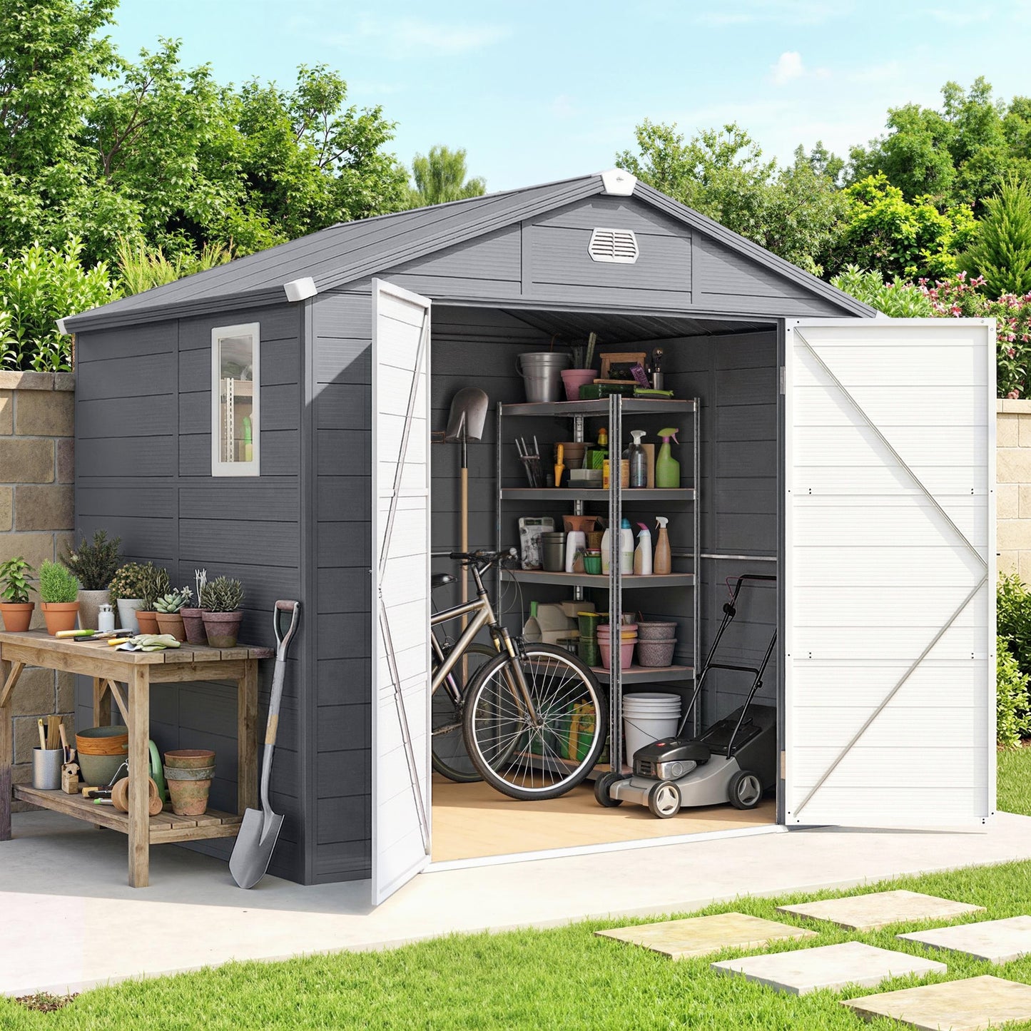 7.9ft x 6.2ft Aluminium Frame and Plastic Wall Shed, with Foundation - Grey