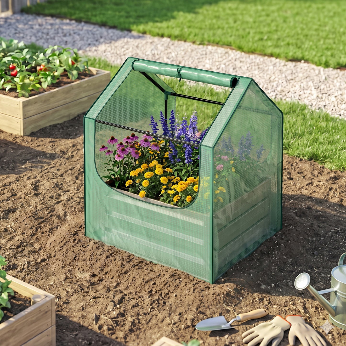 61 x 61cm Garden Planter Bed, with Cover - Green and Silver