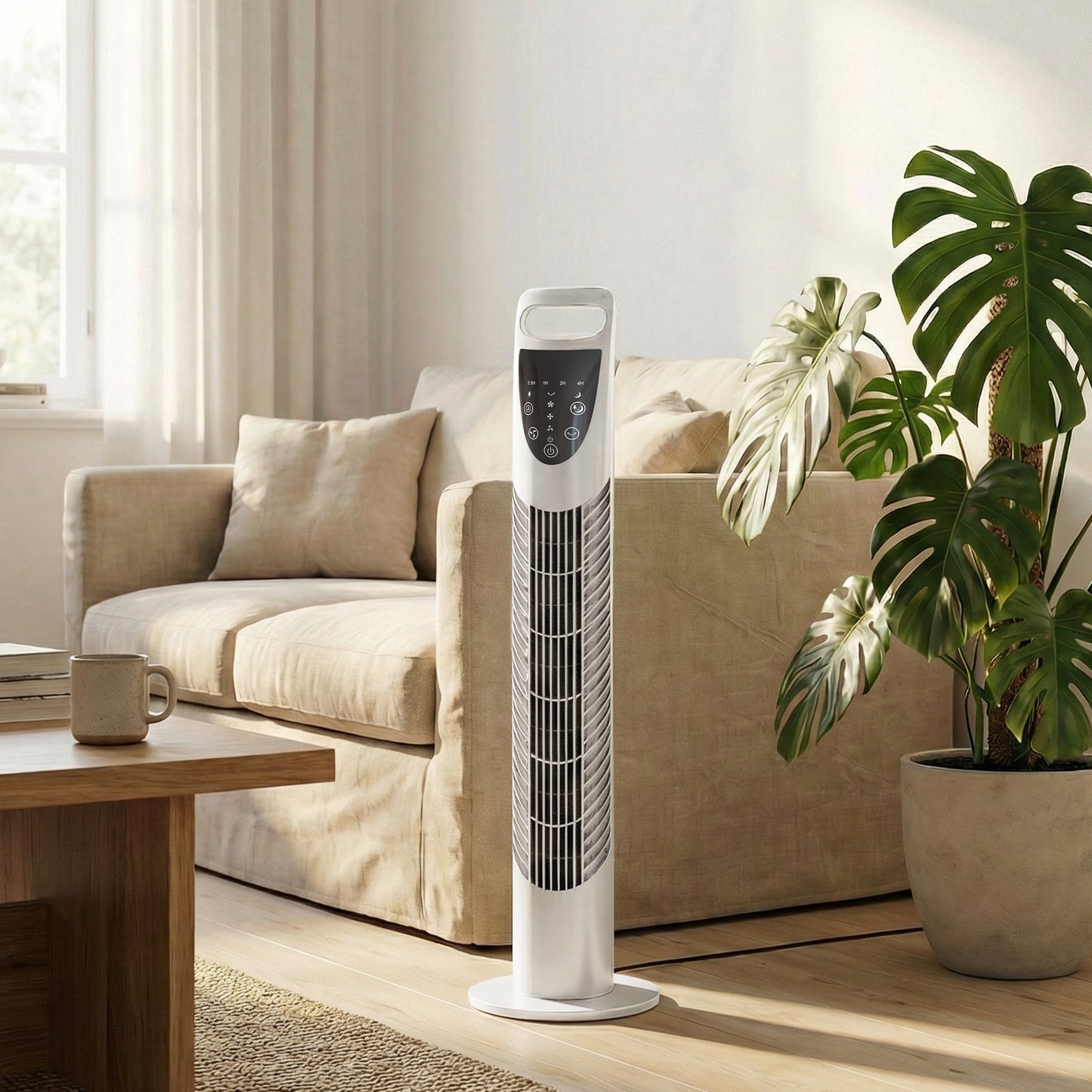 Tower Fan Oscillating 3 Speeds 3 Winds 40W w/ RC Timer Quiet - White
