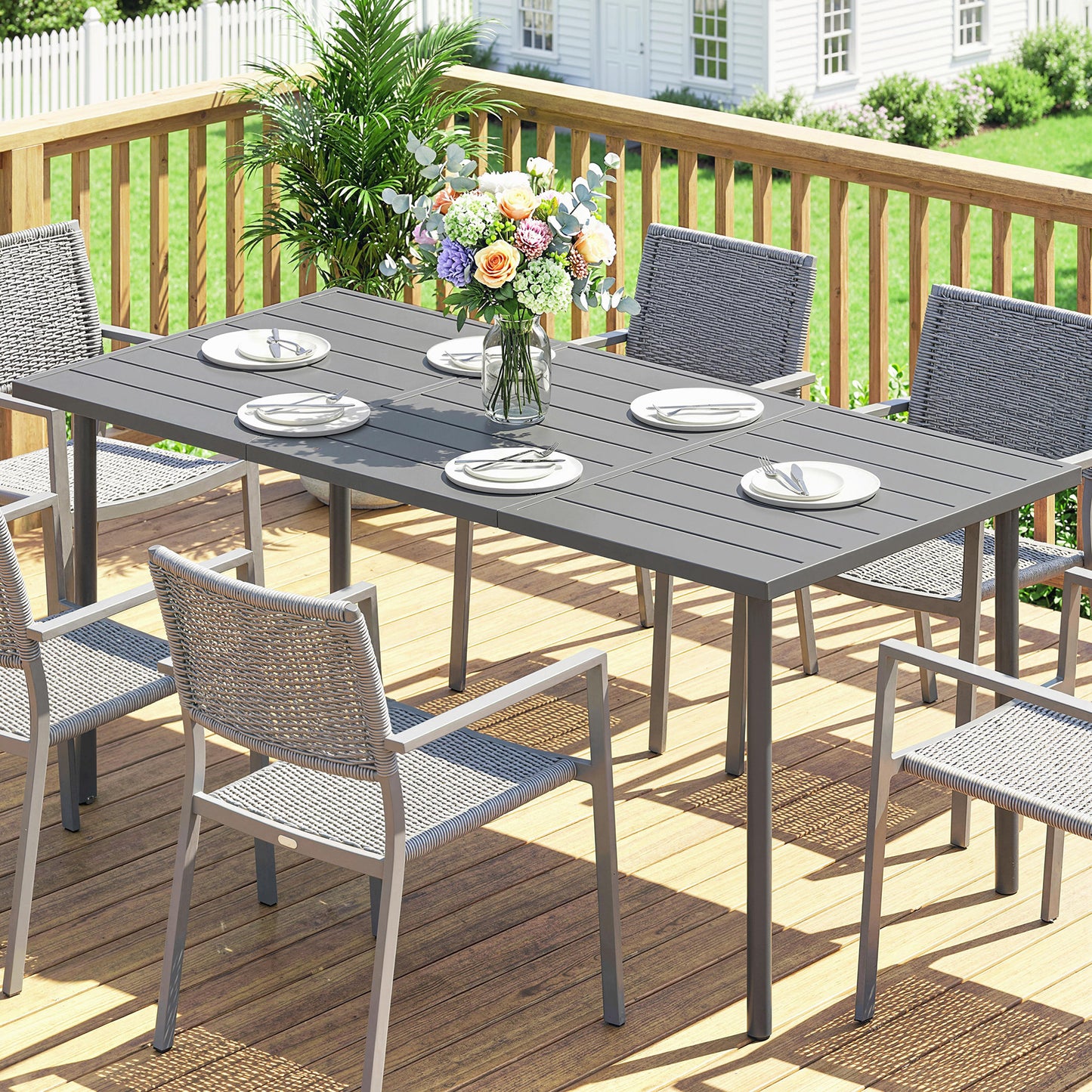 Garden Dining Table for 6 Person, 165 x 80 cm Rectangular Outdoor Dining Table with Slatted Top