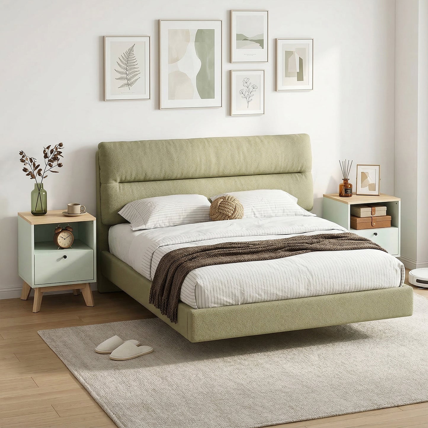 Modern Nightstand Set of 2, Bedside Table with Drawer and Open Shelf, Side End Table for Bedroom, Light Green