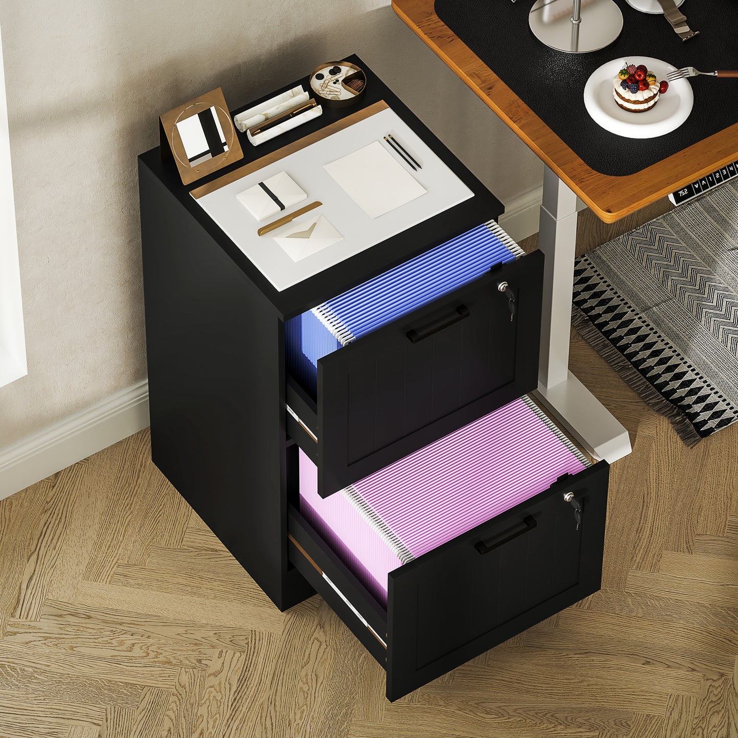 2 Drawer Filing Cabinet with Lock, Office Storage Cabinet with Adjustable Hanging Bars for A4 Letter Size Files, Black