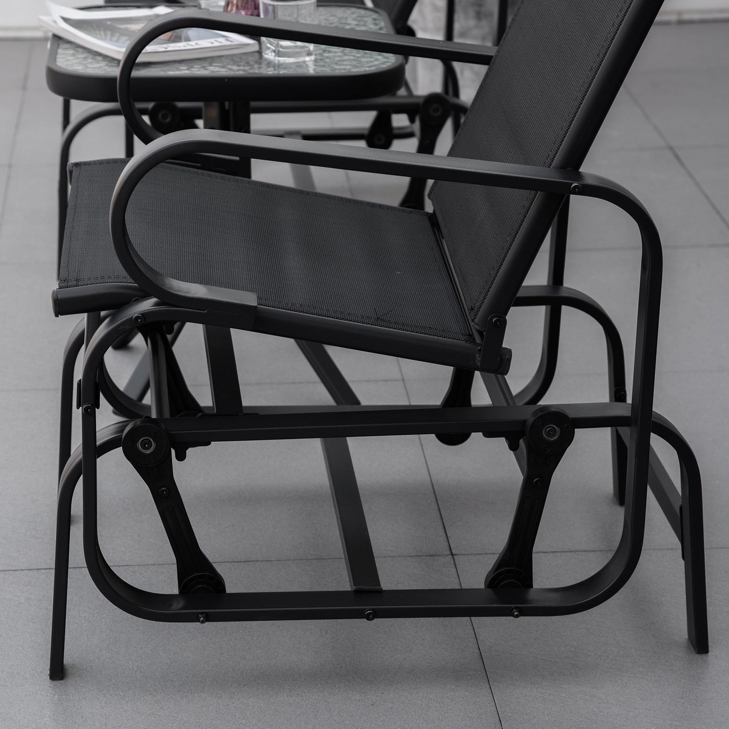 3 Pieces Garden Gliding Chair Set, Metal Frame 2 Single Armchair Swing Seater and 1 Glass Top Coffee Table w/ Breath Mesh Fab