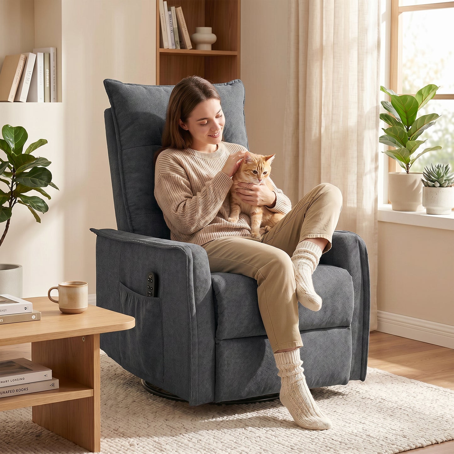 Recliner Armchair, Chenille Recliner Chair with Massage and Heat, 360° Swivel Rocking Manual Recliner, Dark Grey