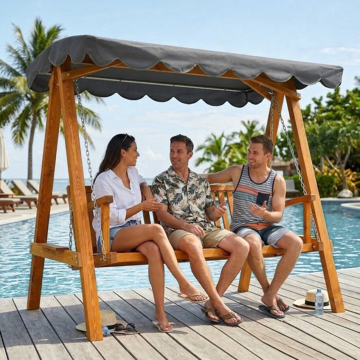 3 Seater Garden Swing Seat with Canopy, Wooden Swing Chair, Outdoor Hammock Bench for Balcony Patio Porch, Dark Grey