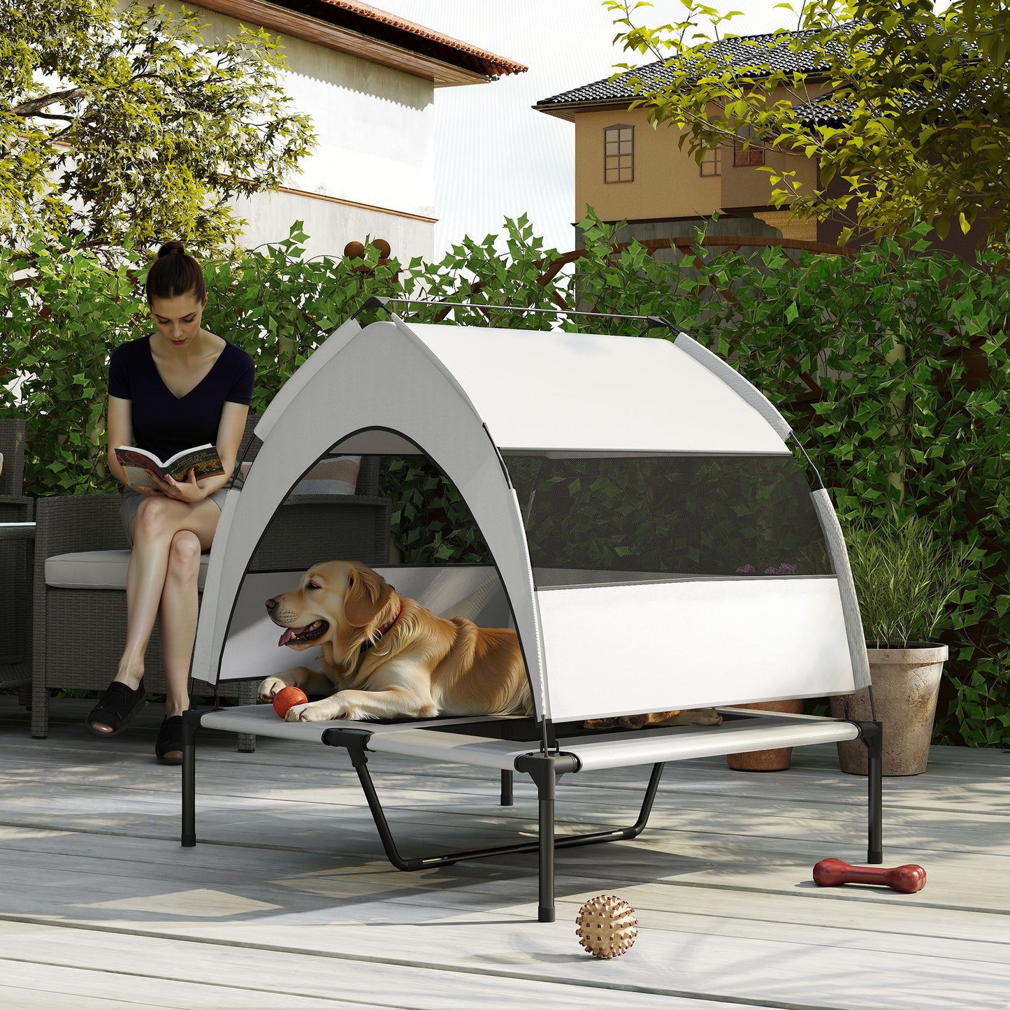 Portable Elevated Dog Bed with Removable Canopy, Cooling Raised Pet Cot for Medium Large Dogs, 92 x 75 x 85 cm
