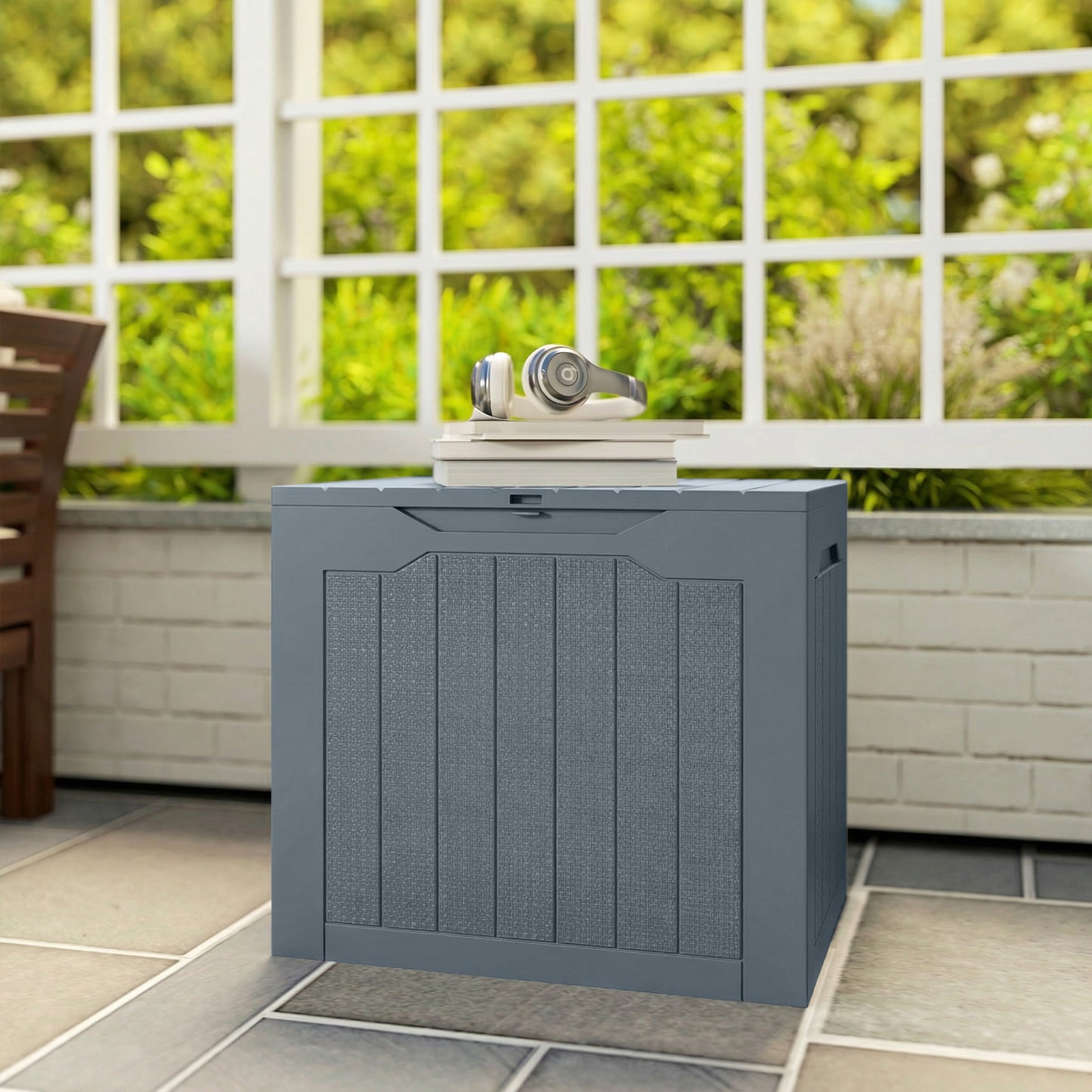 97L Plastic Garden Storage Box, Outdoor Storage Box with Handles, Waterproof Outdoor Storage Container, Light Grey