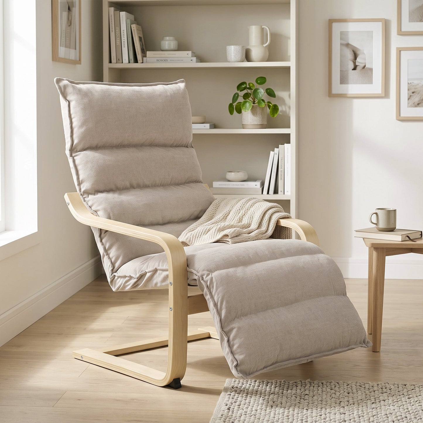 Curved Wooden Accent Chair, Armchair with Adjustable Footrest, Light Brown