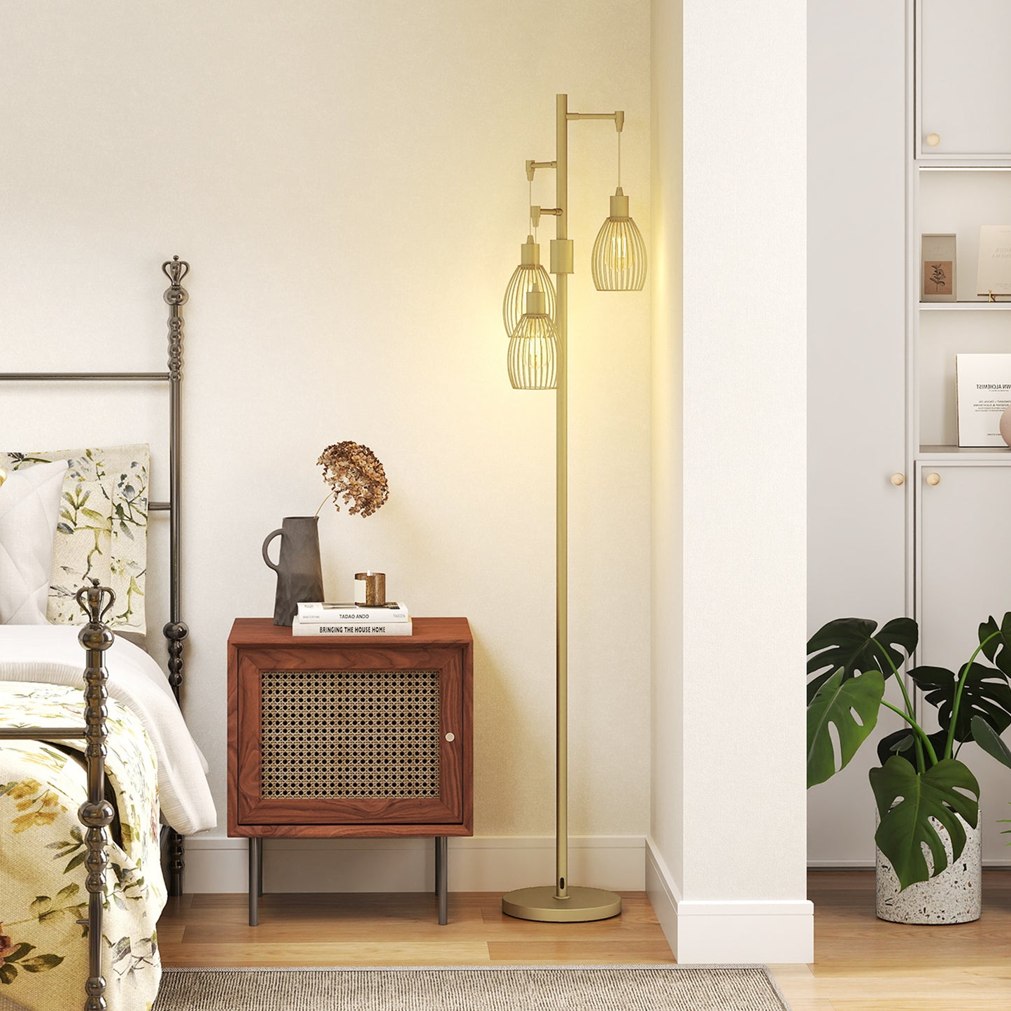 3-Light Floor Lamp, 170cm Industrial Dimmable Standing Lamp with Steel Wire Cage Lampshades for Living Room, Bedroom