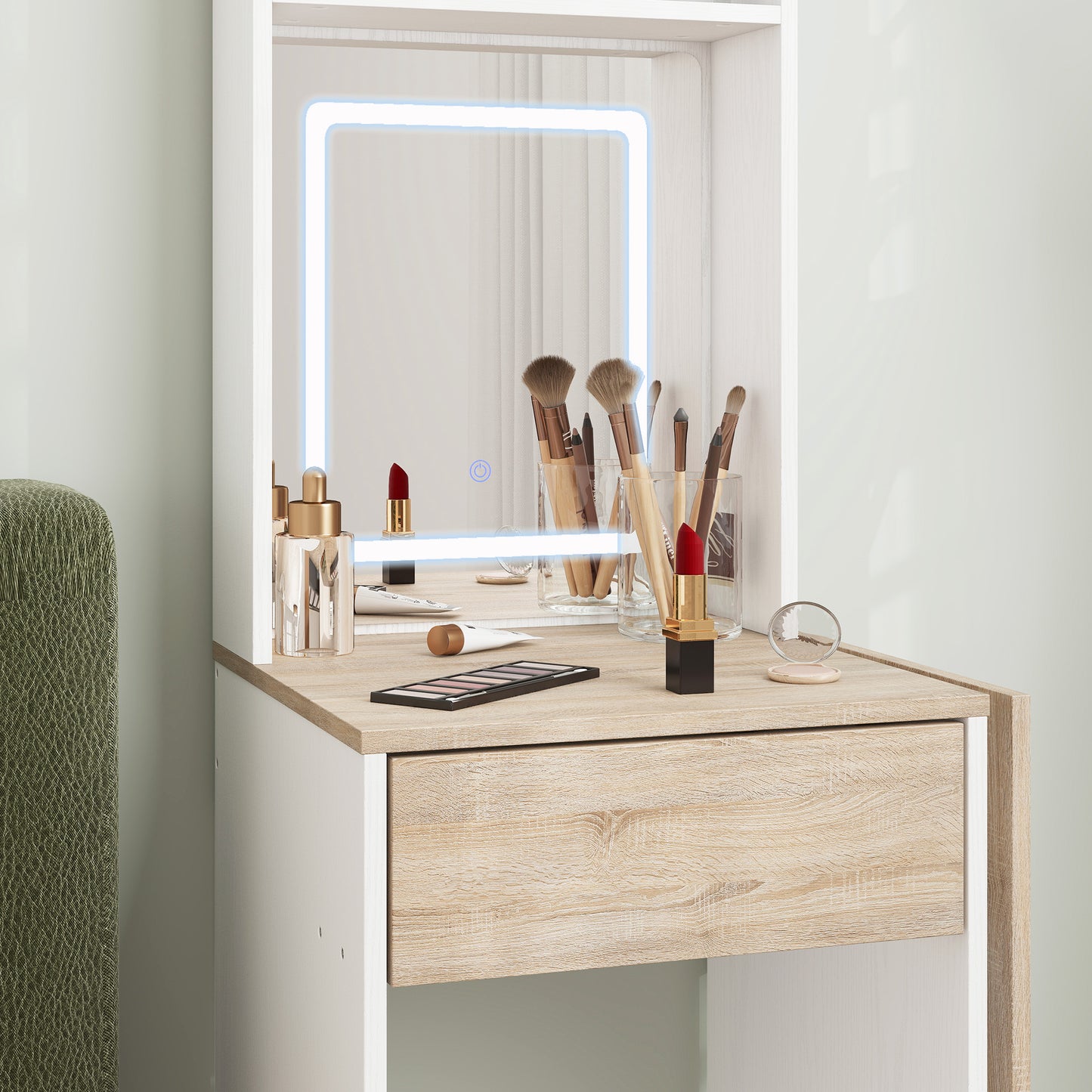 Small Vanity Desk with Mirror and LED Lights, Compact Dressing Table with Drop Leaf, Open Shelves and Drawer, White
