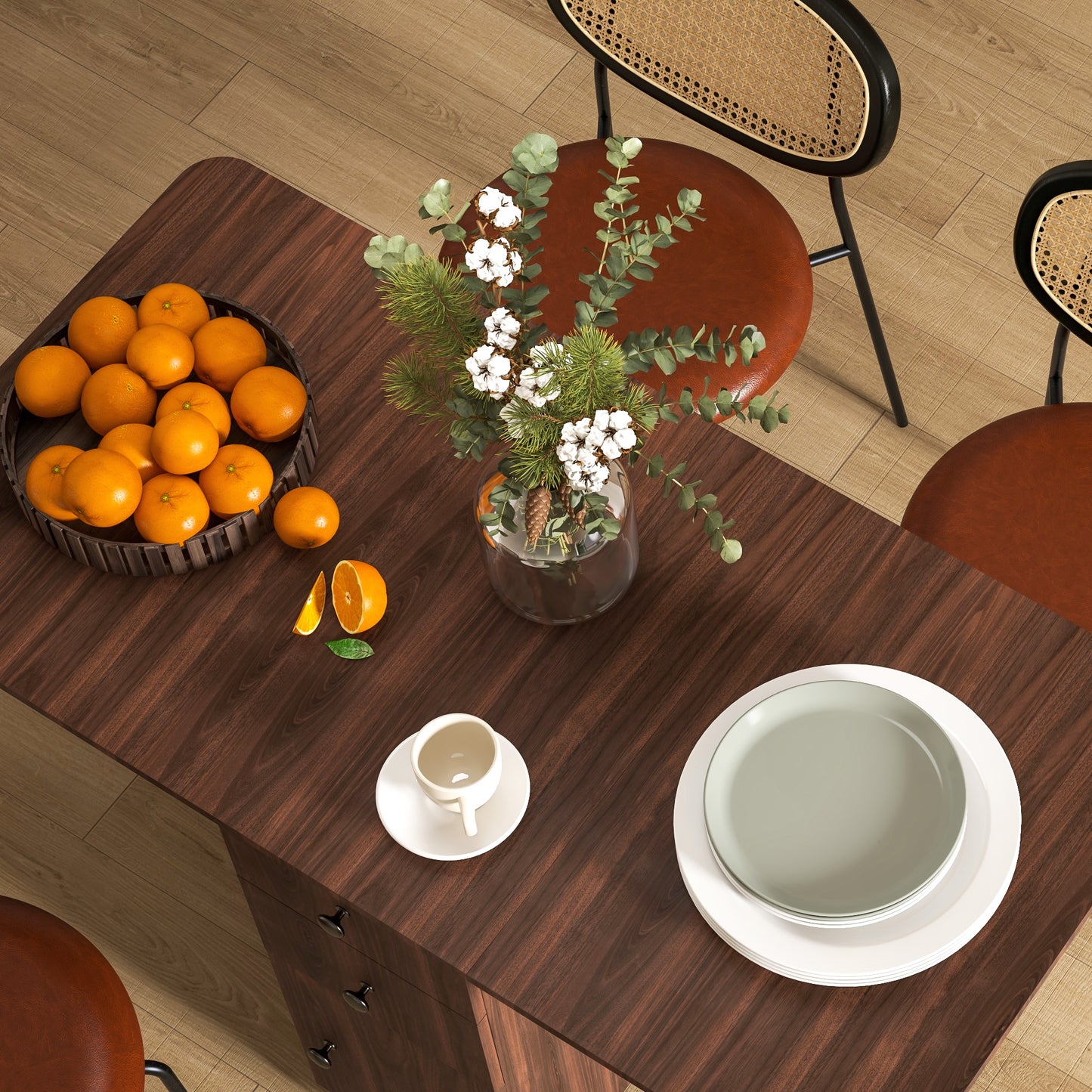 Multi-Storage Six-Person Drop Leaf Dining Table - Distressed Brown