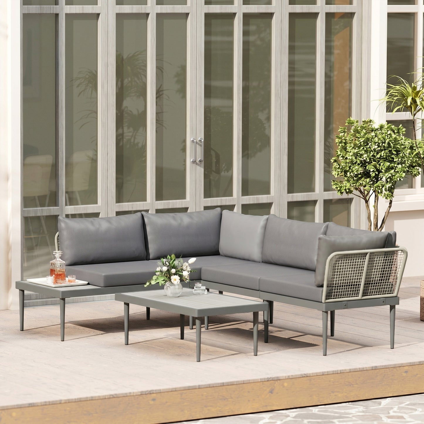 Thee-Piece 'L' Rattan Sofa Set - Grey