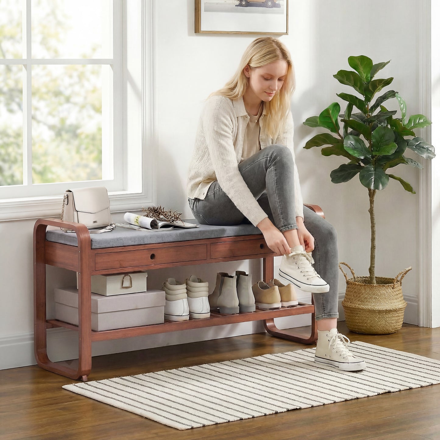 Shoe Bench with 2 Drawers Cushioned Seat Shoe Storage Bench for Hallway 105 cm Dark Brown and Grey
