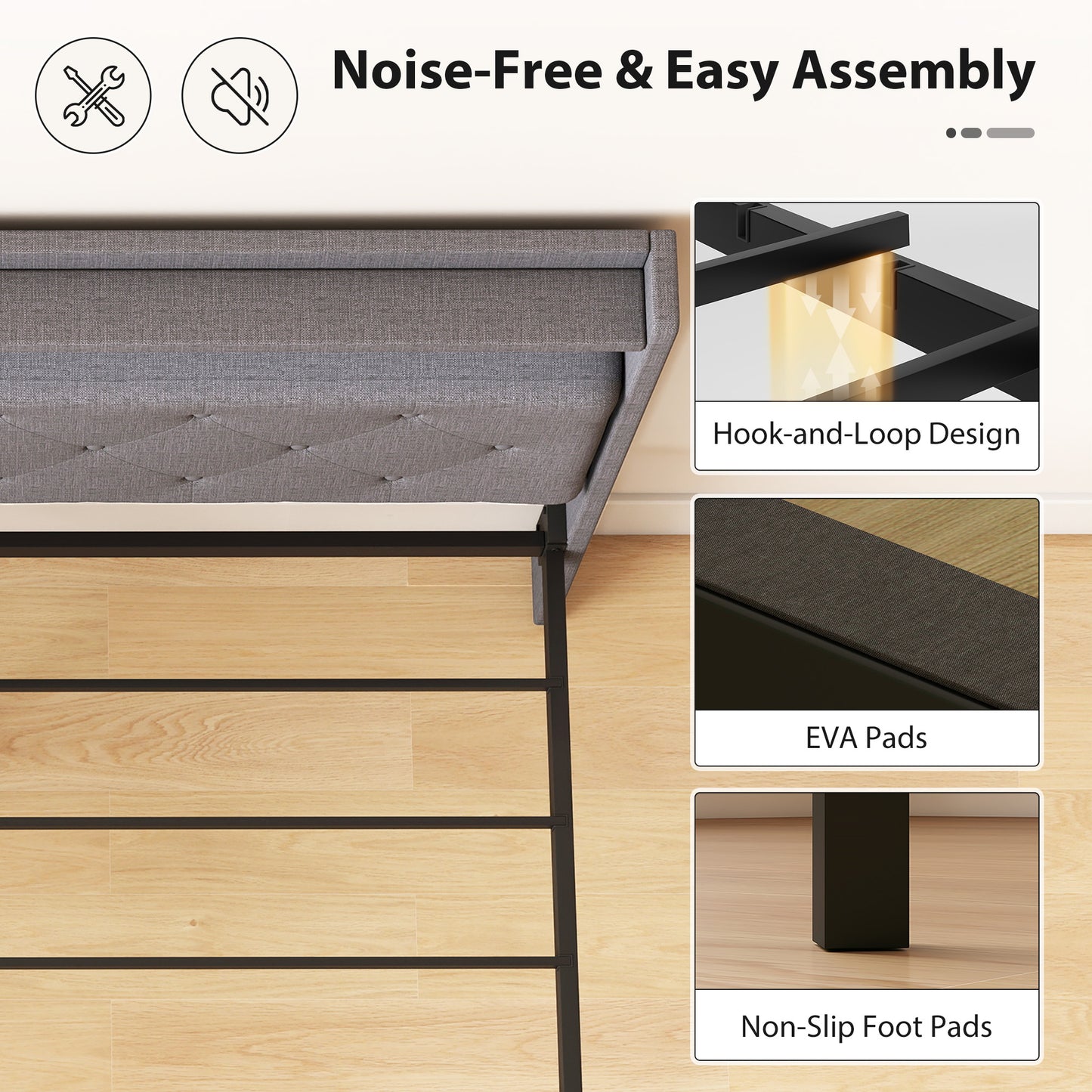 Floating Bed Frame, Upholstered 5ft King Size Bed, Platform Bed with RGB LED Lights and Charging Station, Grey