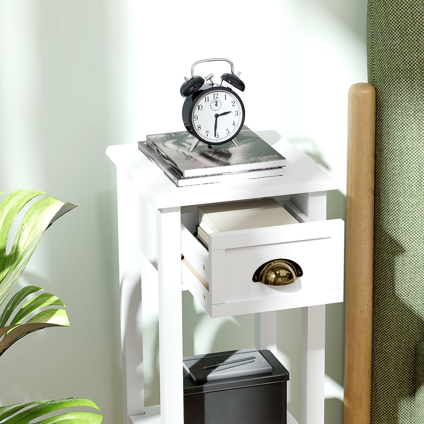 2-Tier Side Tables Set of 2 with Drawer and Shelf, 2 Pieces Bedside Tables for Living Room and Hallway, White
