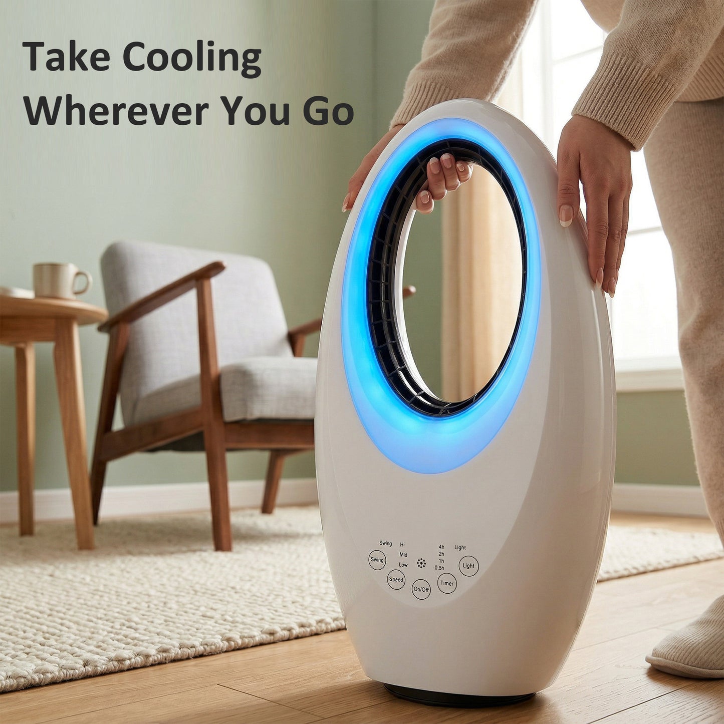 Bladeless Tower Fan, 36dB Standing Cooling Fan with 60° Oscillating, LED Lights, 3 Speeds, 7.5H Timer, Remote Control