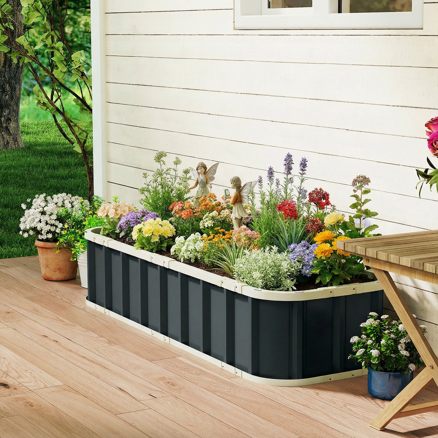 Galvanised Raised Garden Bed, 5 x 2 x 1 ft Metal Planter with Gloves and Folded Edging, Dark Grey
