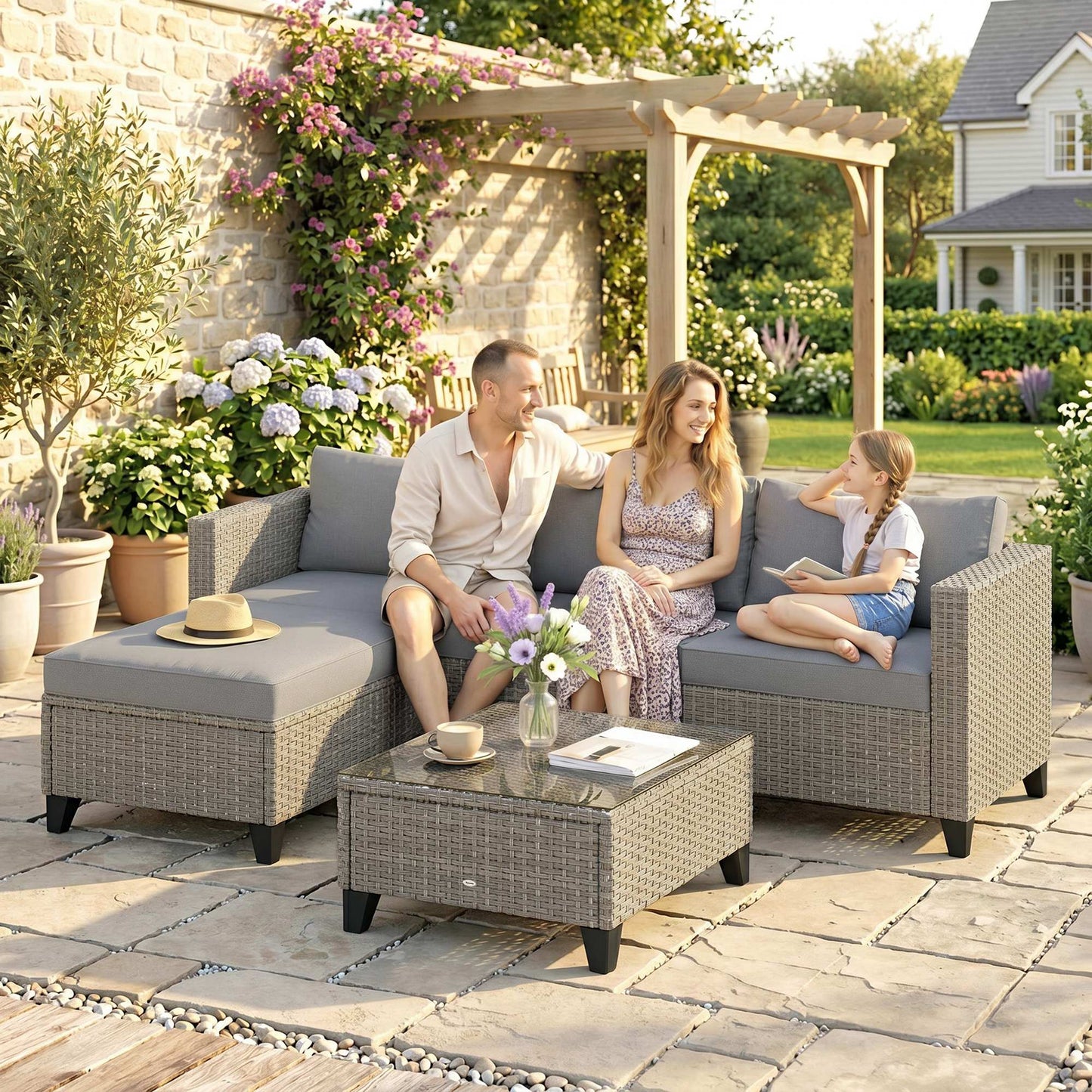 5-Piece Rattan Patio Furniture Set with Corner Sofa, Footstools, Coffee Table, for Poolside, Brown