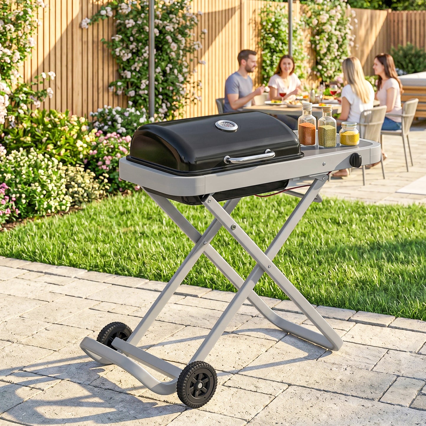 Foldable Gas BBQ Grill with Side Table, Portable Gas Barbecue Grill with Thermometer, Grease Box, Wheels, 2.5 kW, Black