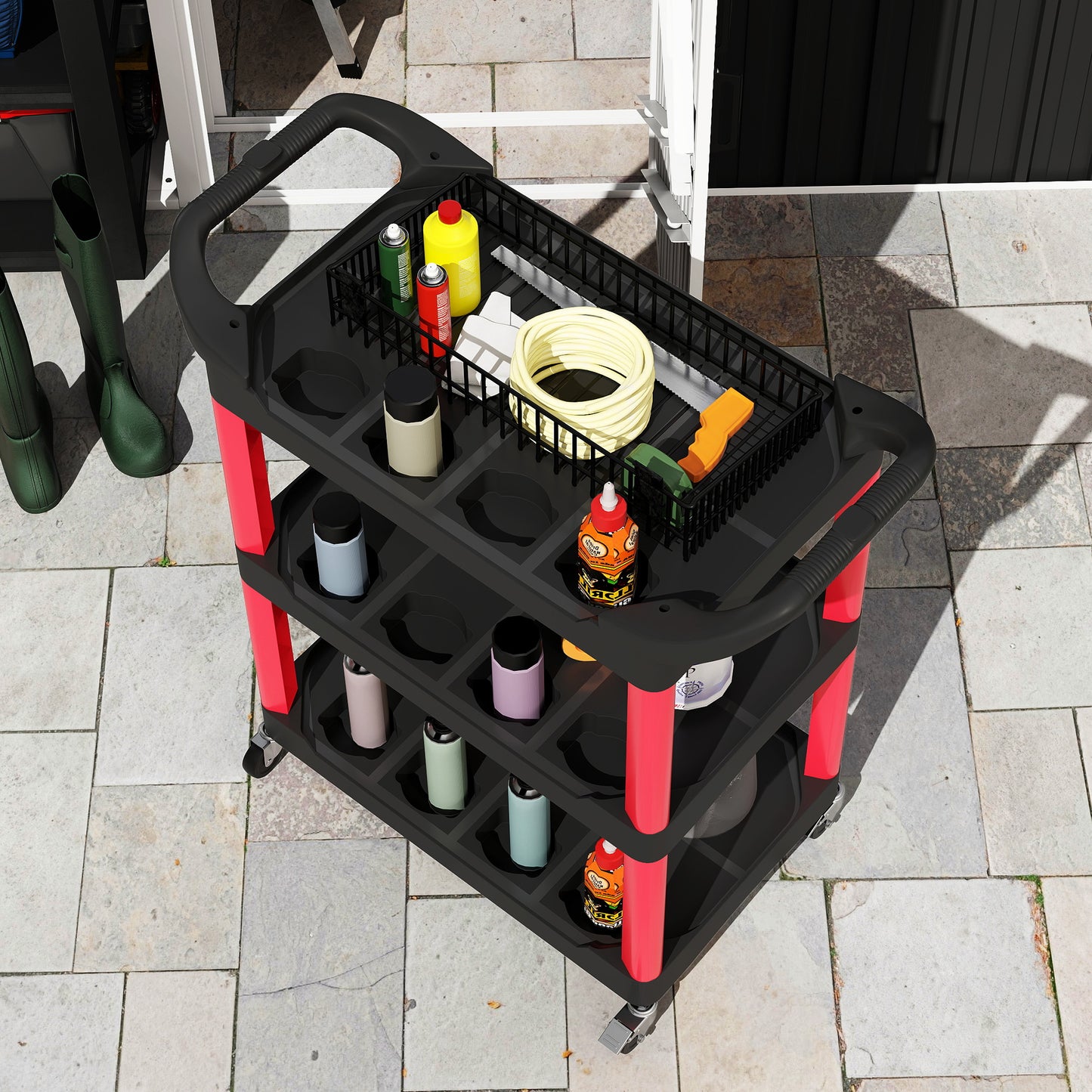 3-Tier Rolling Tool Cart, Tool Trolley on Wheels, Plastic Mobile Service Utility Cart with Handles for Garage